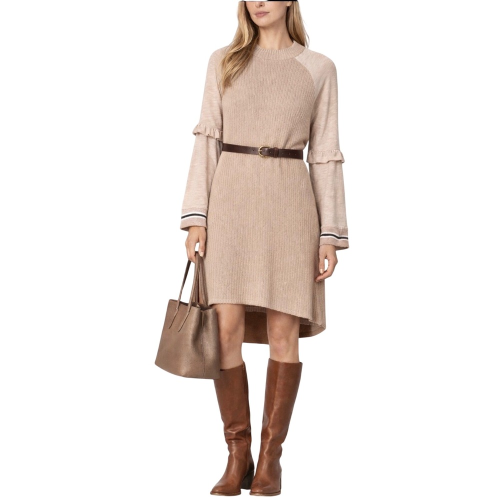 Free People Zou Bisou Sweater Dress Beige Ruffle Sleeve M NWT  Boho Chic‎